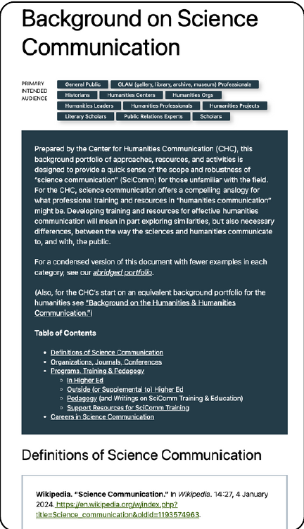 Screenshot of beginning of Appendix 1 (Backgroundn on Science Communication) in the Center for Humanities Communication's "Briefing Kit" for participants at its "Humanities Communication Convening," Sept. 6, 2024