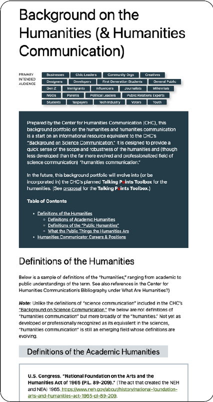 Screenshot of beginning of Appendix 1 (Backgroundn on the Humanities (and Humanities Communication) in the Center for Humanities Communication's "Briefing Kit" for participants at its "Humanities Communication Convening," Sept. 6, 2024