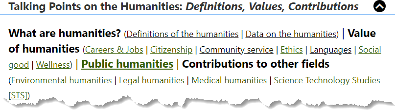 Screenshot of the menu panel in the Center for Humanities Communication's Bibliography showing "Talking Points on the Humanities: Definitions, Values, Contributions."