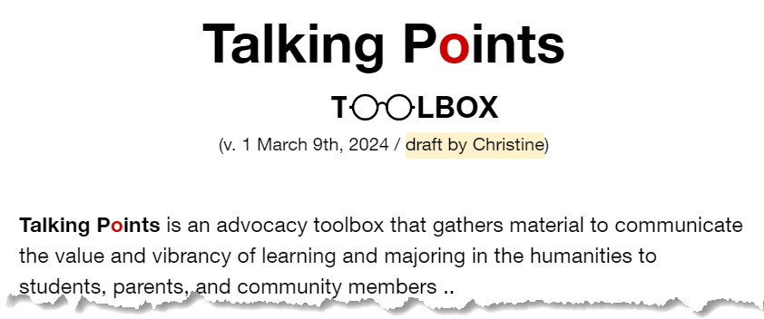 Banner logo for the "Talking Points Toolbox" concept being developed by Christine Henseler for the Center for Humanities Communication