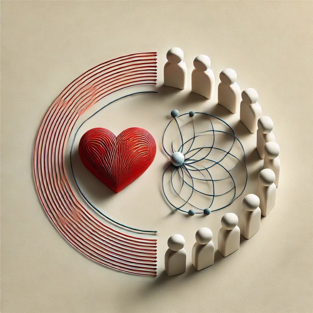 Abstract image showing a sculptural 3D red heart and lace-like pattern placed together within a circle composed of a rainbow-like arc on the left and abstract human figurines on the right.