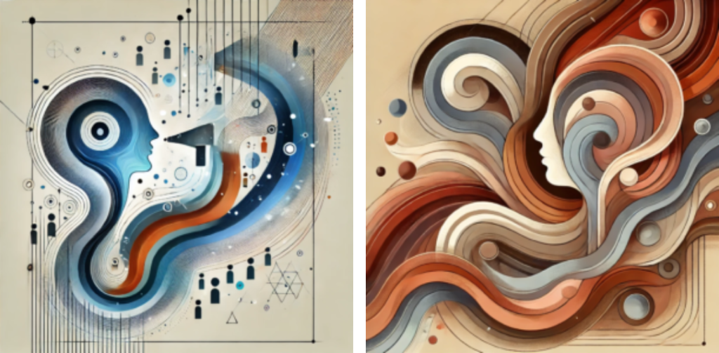 Abstract representations of science communication (left) and humanities communication (right) showing speakers emanating waves and curves of colors (predominatly blue for sciences and earth colors for humanities)